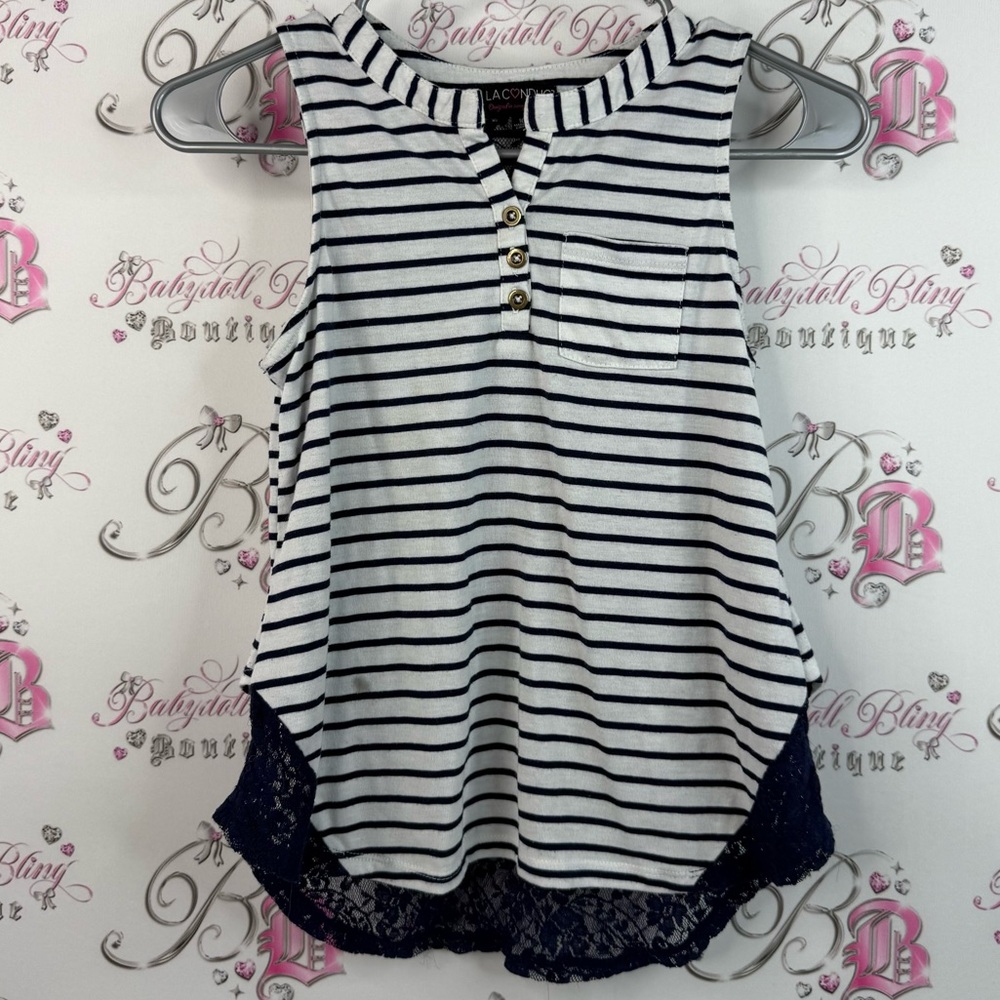 La conduct tank top navy striped white lace floral Striped Sleeveless Top Hem
